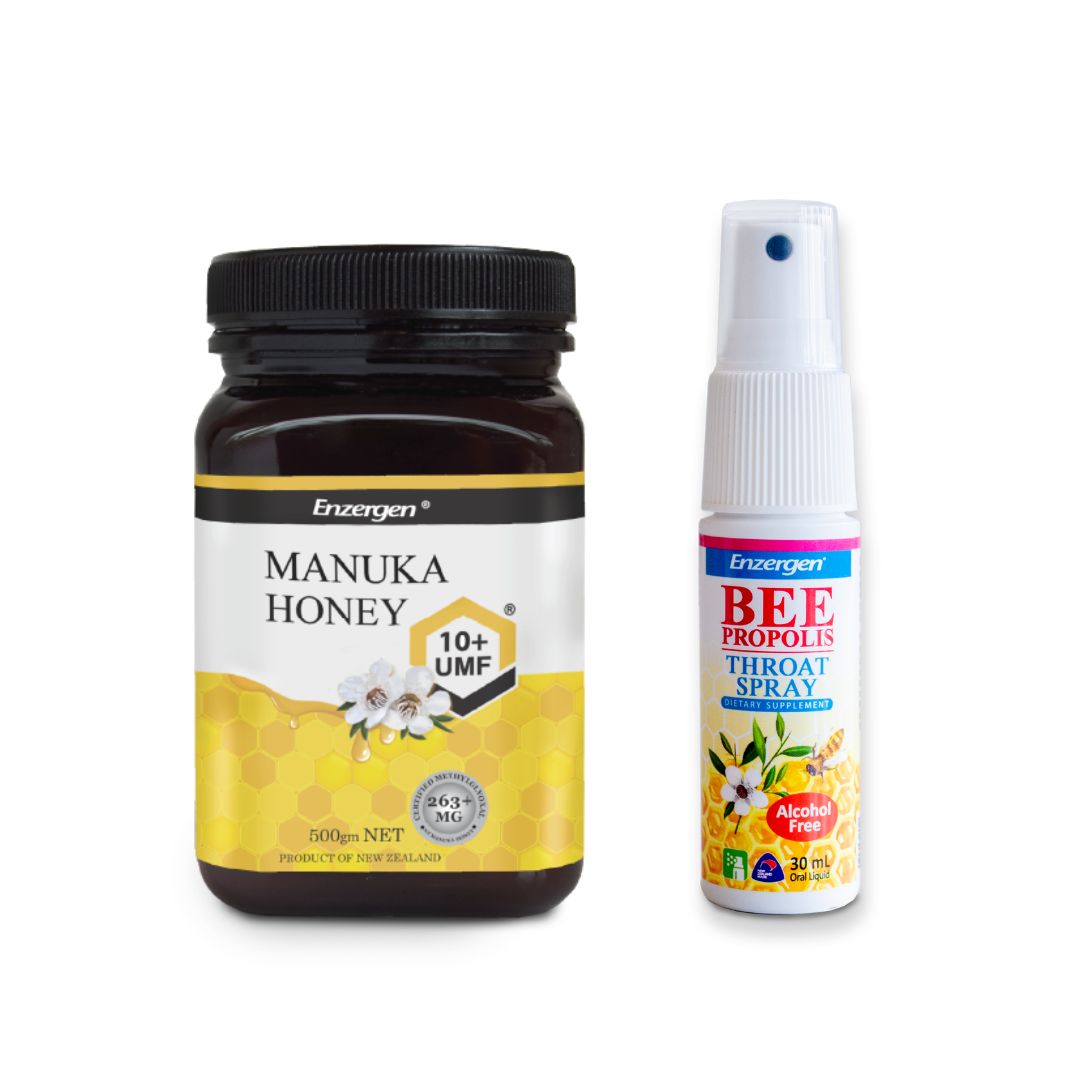Product image of Throat Comfort Combo from KiwiCorp – natural throat support with Bee Propolis Spray and Manuka Honey UMF® 10+.