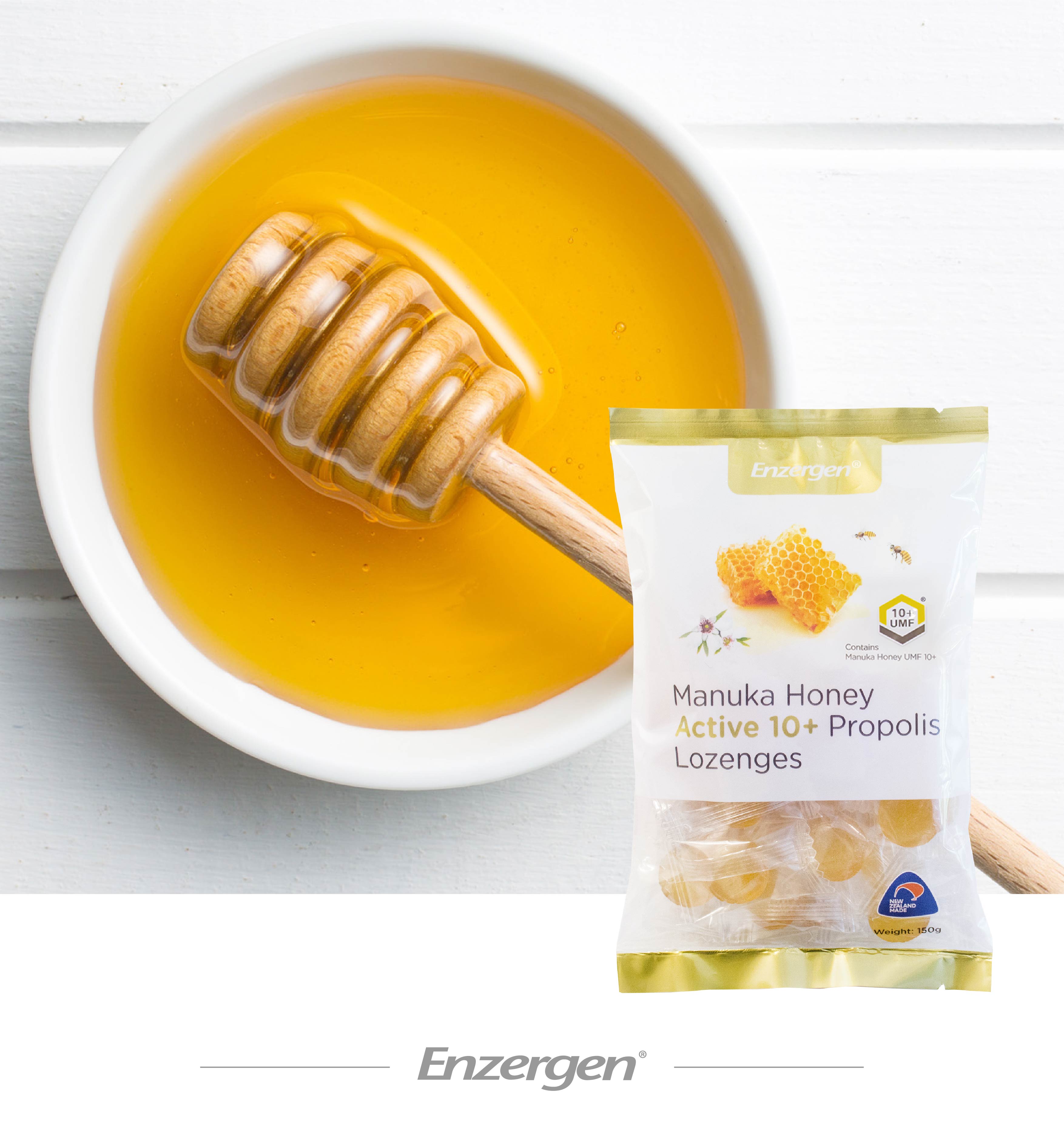 Product image of Manuka Honey UMF® 10+ Propolis Lozenges from KiwiCorp – soothing lozenges for throat and immunity.