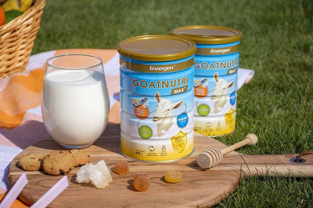 Product image of Goatnutri MAX+ Goat Milk Powder from KiwiCorp – enriched goat milk with Manuka Honey, Probiotics, and Lutein.