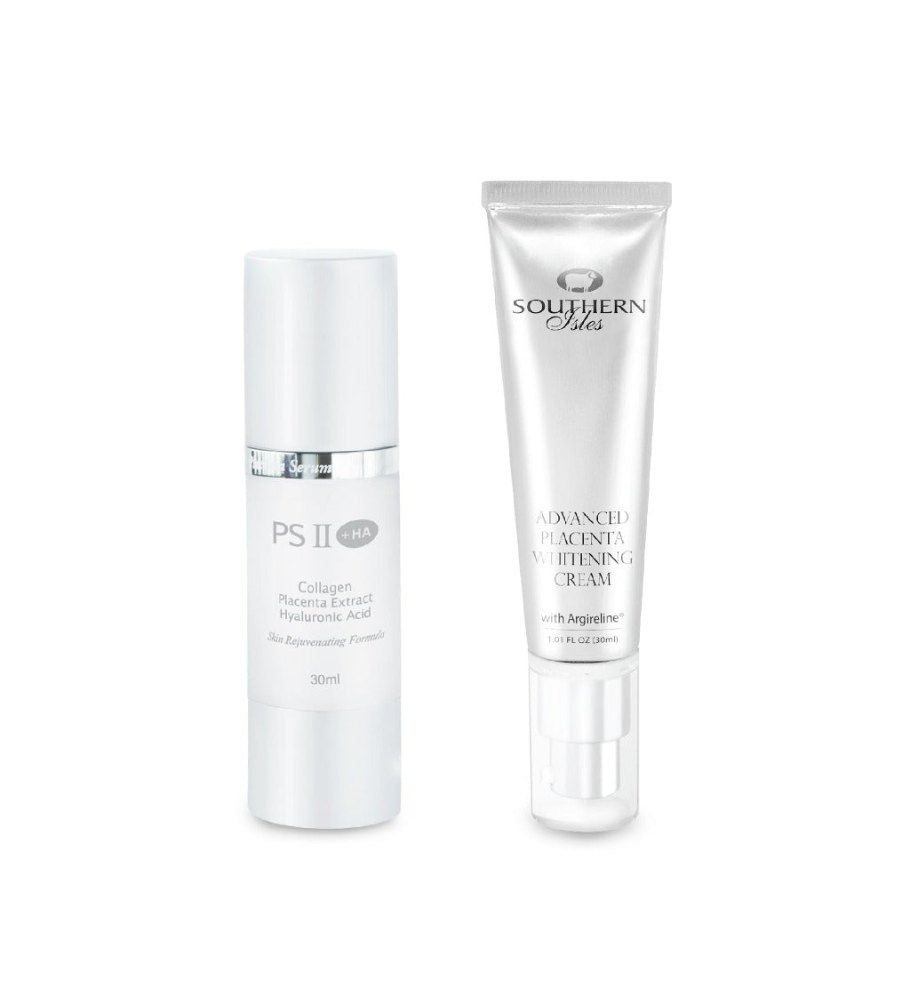 Product image of PSII Serum and Advanced Placenta Whitening Cream from KiwiCorp – skincare duo for radiant complexion.