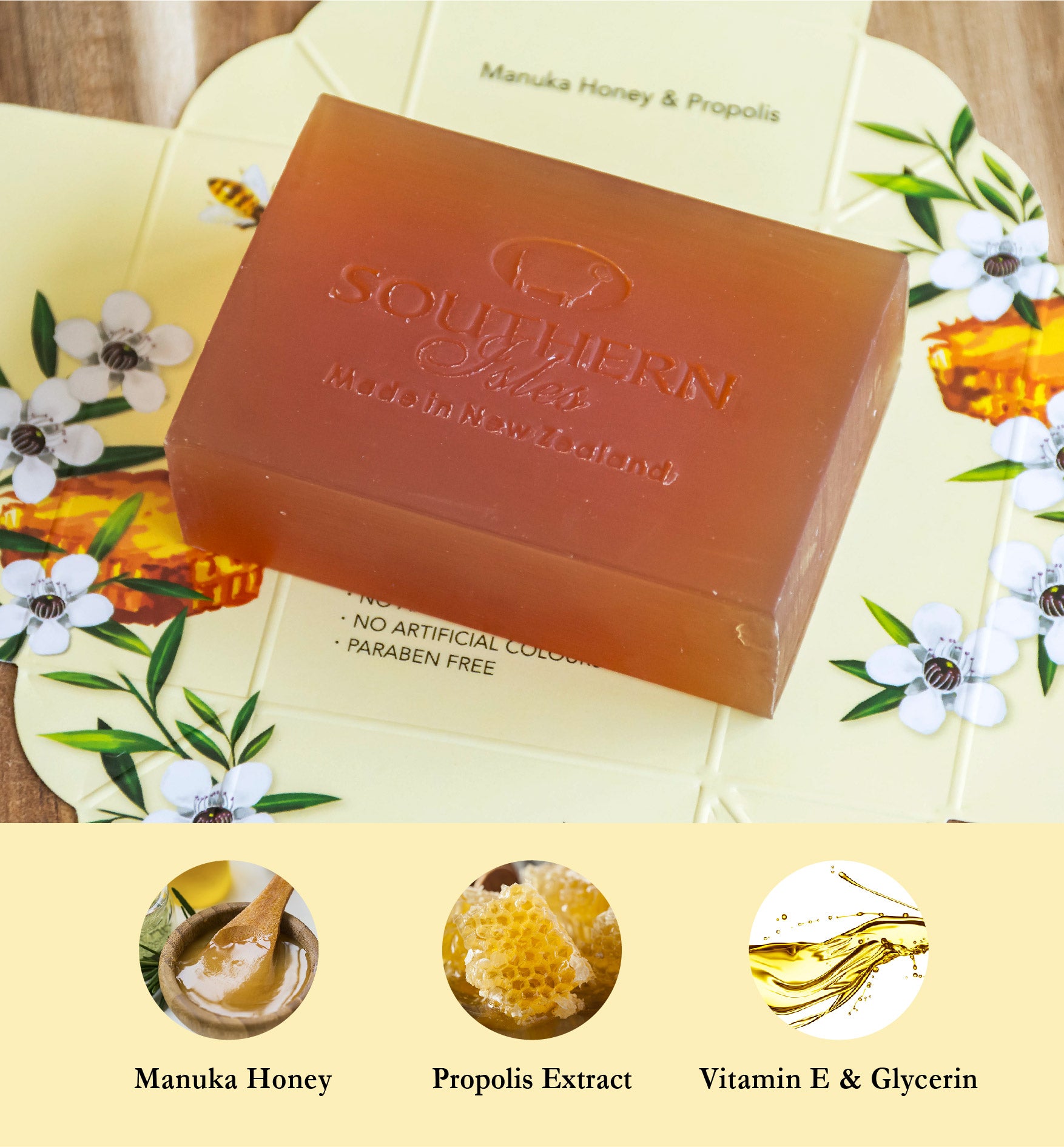 Product image of Manuka Honey & Propolis Soap from KiwiCorp – nourishing and antibacterial bar soap.